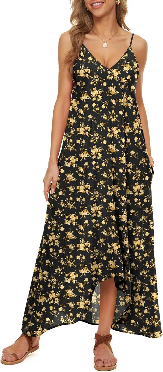 LILBETTER Women V-Neck Polka Dot Print Spaghetti Strap Boho Long Maxi Dresses