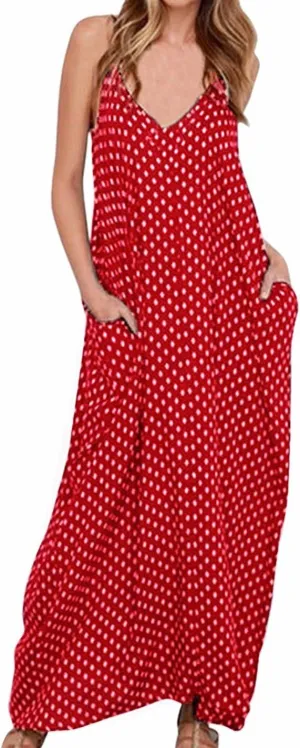 LILBETTER Women V-Neck Polka Dot Print Spaghetti Strap Boho Long Maxi Dresses