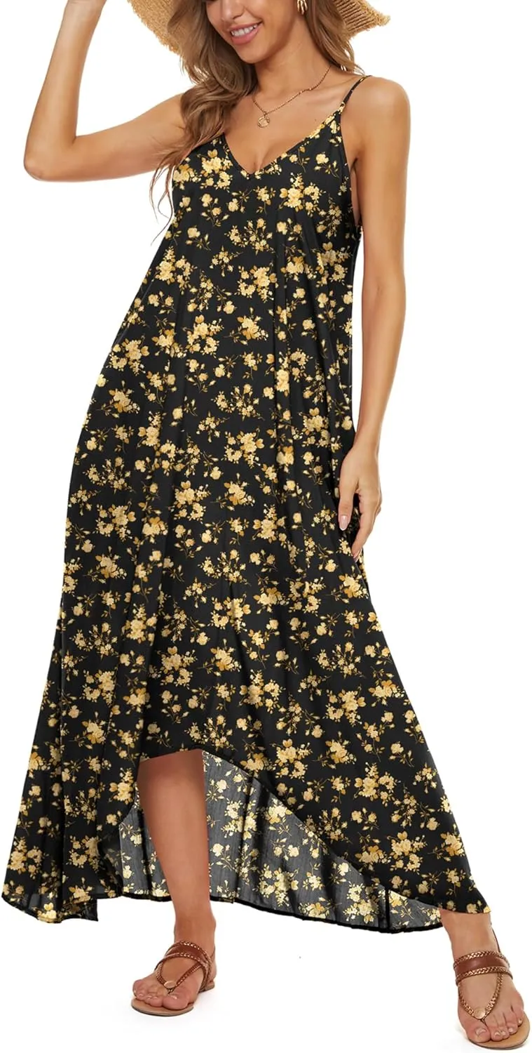 LILBETTER Women V-Neck Polka Dot Print Spaghetti Strap Boho Long Maxi Dresses