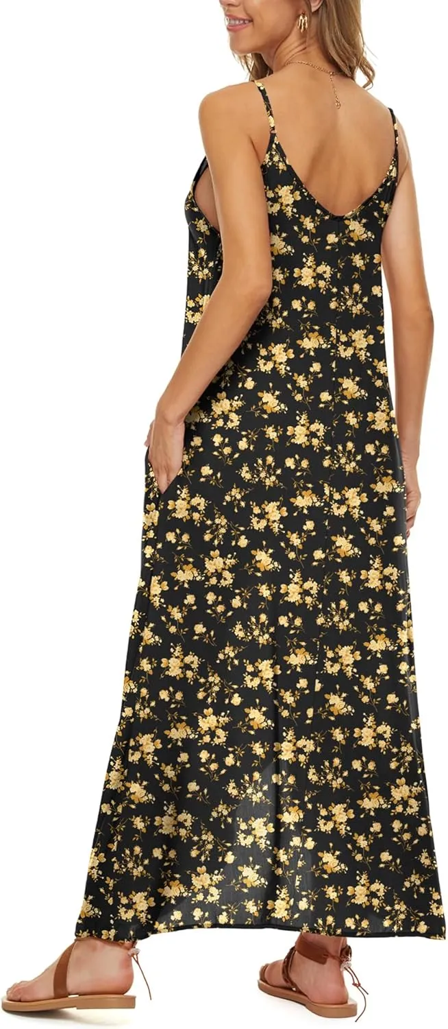 LILBETTER Women V-Neck Polka Dot Print Spaghetti Strap Boho Long Maxi Dresses
