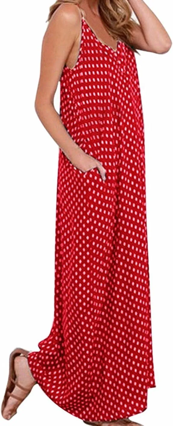 LILBETTER Women V-Neck Polka Dot Print Spaghetti Strap Boho Long Maxi Dresses