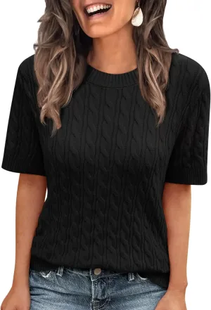 LILLUSORY Short Sleeve Sweater for Women Summer Business Casual Dressy Outfits Work Tops Lightweight Spring Blouses 2025
