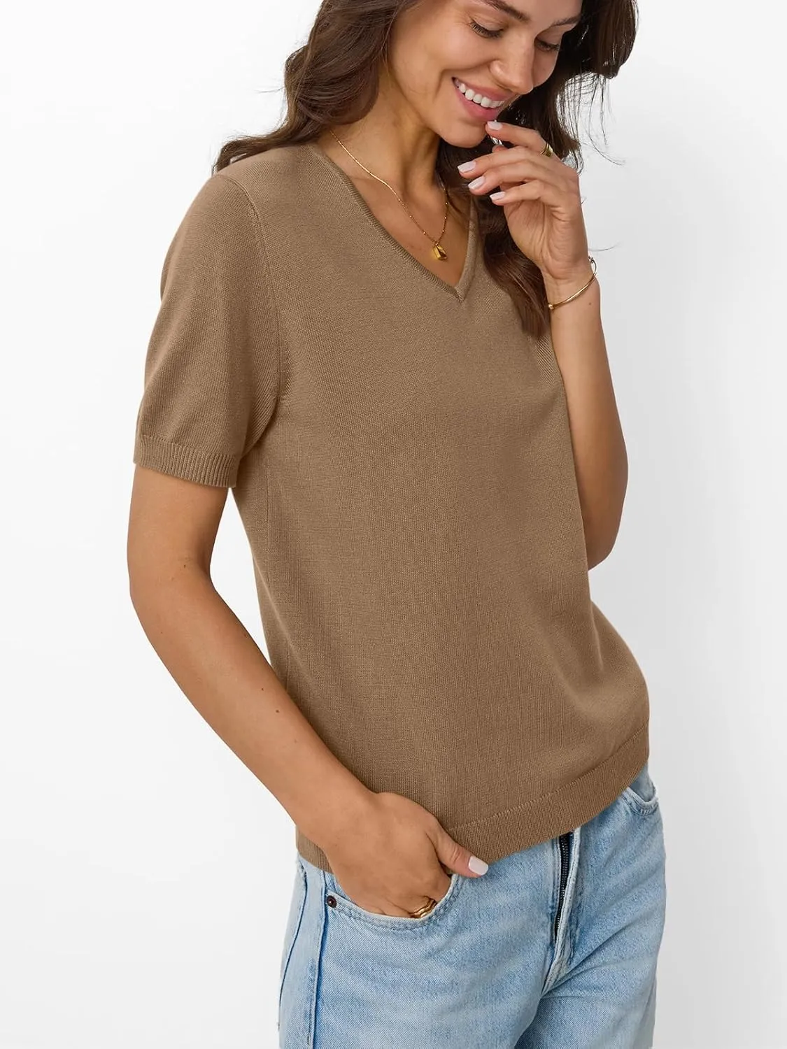 LILLUSORY Womens Short Sleeve Sweaters V Neck Tops Business Casual Lightweight Knit Comfy Blouses Summer Fashion Outfits 2025