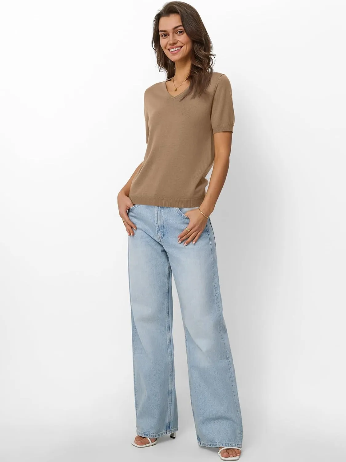 LILLUSORY Womens Short Sleeve Sweaters V Neck Tops Business Casual Lightweight Knit Comfy Blouses Summer Fashion Outfits 2025