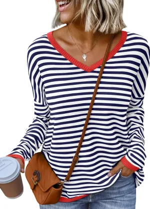 LILLUSORY Womens Sweaters Striped V Neck Oversized Lightweight Pullover Fall Outfits Fashion 2025 Cute Drop Shoulder Clothes