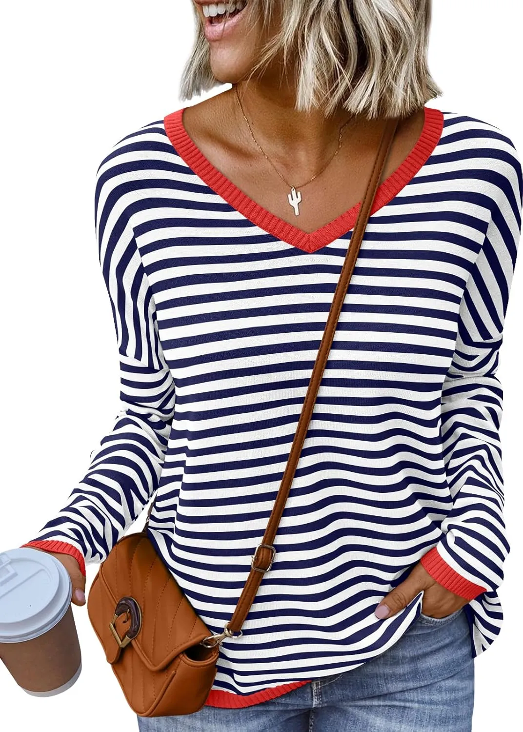 LILLUSORY Womens Sweaters Striped V Neck Oversized Lightweight Pullover Fall Outfits Fashion 2025 Cute Drop Shoulder Clothes