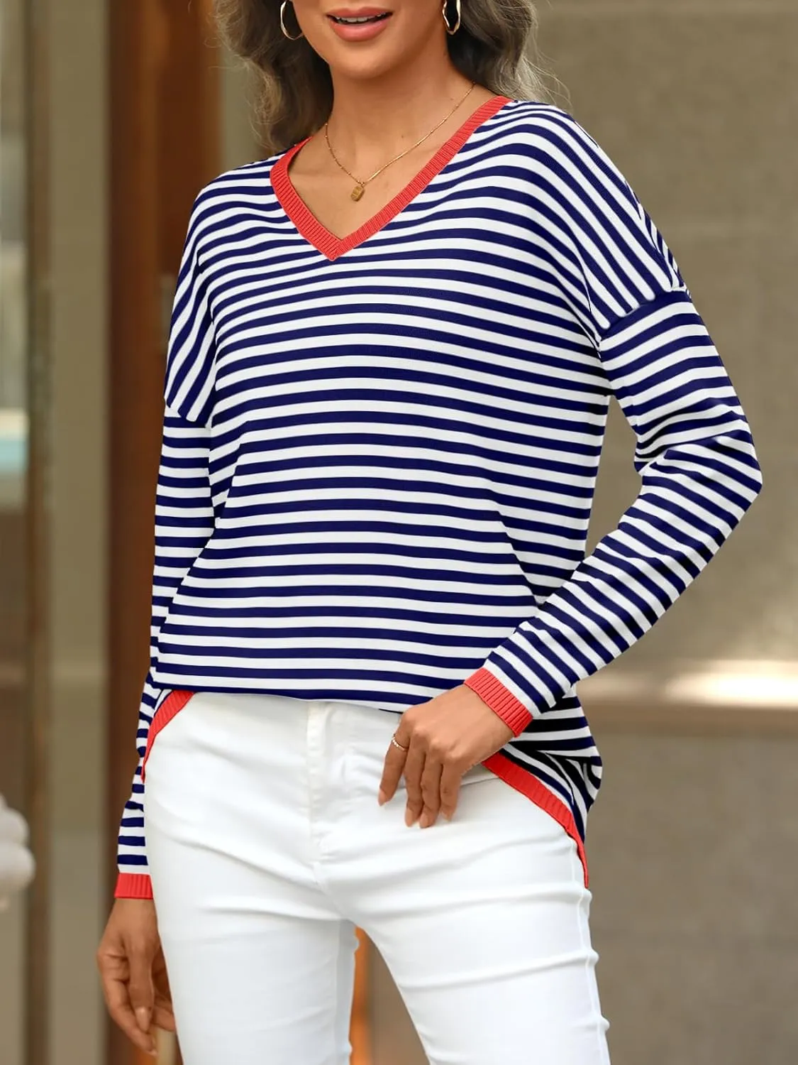 LILLUSORY Womens Sweaters Striped V Neck Oversized Lightweight Pullover Fall Outfits Fashion 2025 Cute Drop Shoulder Clothes