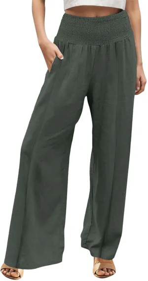 Linen Pants Women Summer 2025 Flowy Wide Leg High Waisted Pants Casual Beach Trousers Vacation Outfits for Women