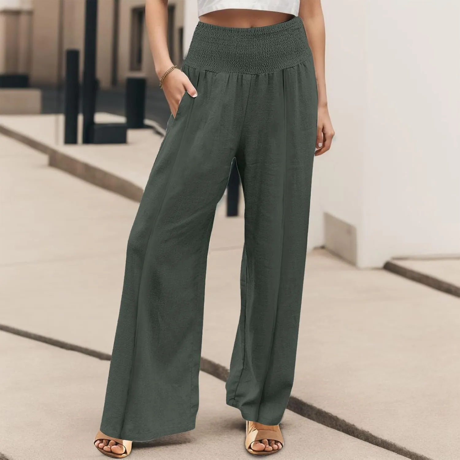 Linen Pants Women Summer 2025 Flowy Wide Leg High Waisted Pants Casual Beach Trousers Vacation Outfits for Women