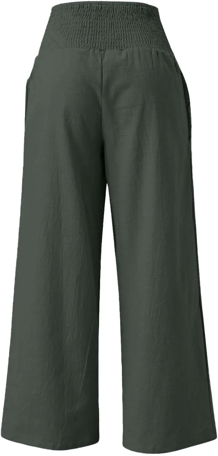 Linen Pants Women Summer 2025 Flowy Wide Leg High Waisted Pants Casual Beach Trousers Vacation Outfits for Women