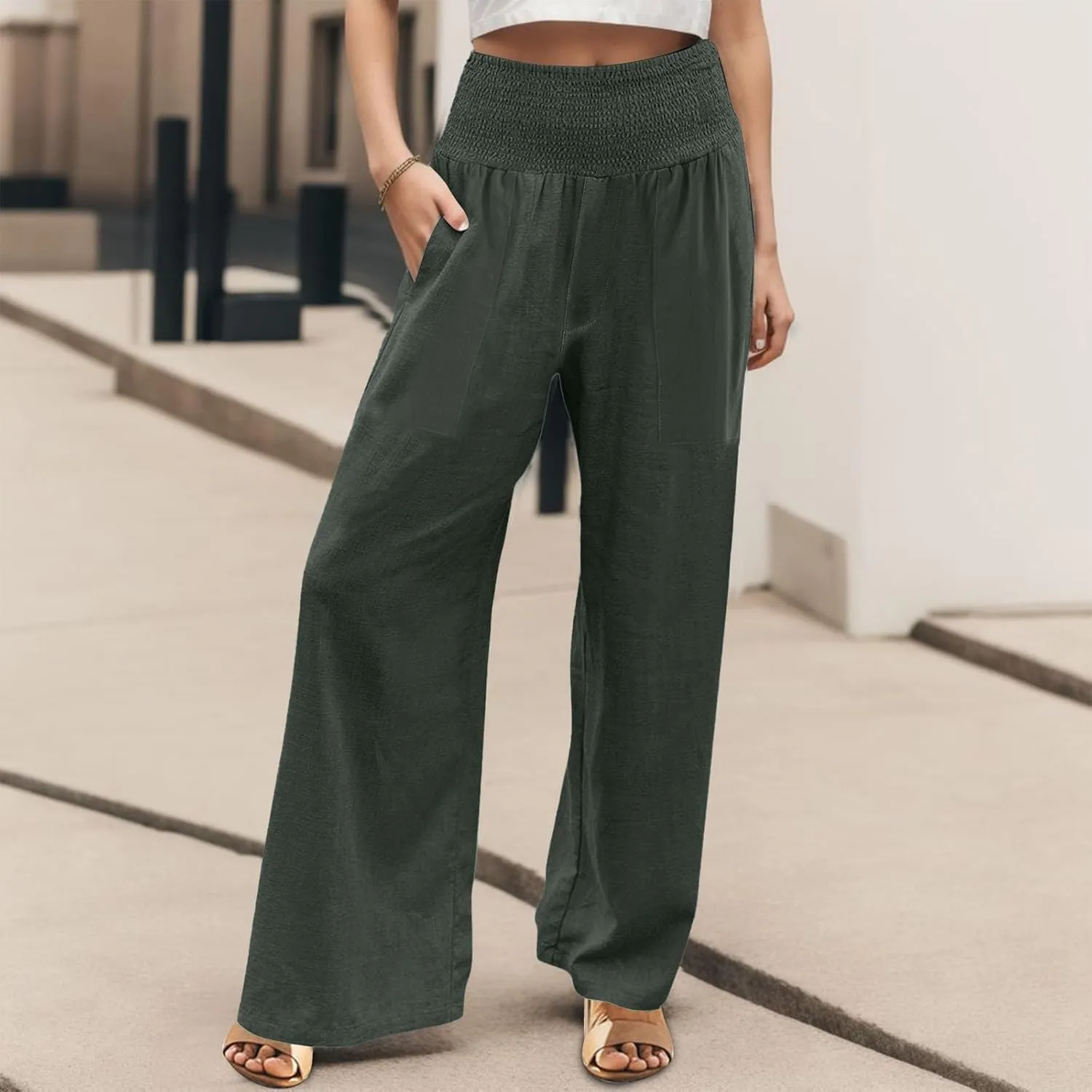 Linen Pants Women Summer 2025 Flowy Wide Leg High Waisted Pants Casual Beach Trousers Vacation Outfits for Women