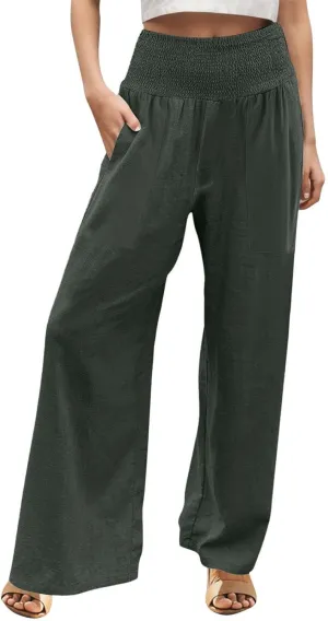 Linen Pants Women Summer 2025 Flowy Wide Leg High Waisted Pants Casual Beach Trousers Vacation Outfits for Women