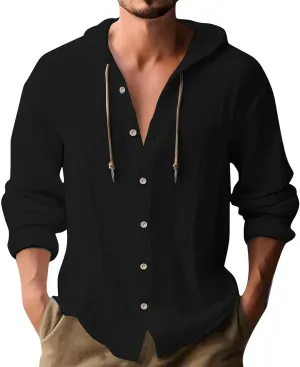 Linen Shirts for Men Long Sleeve Button Down Casual Hawaiian Shirt with Hood Lightweight Spring Summer Beach Hoodie