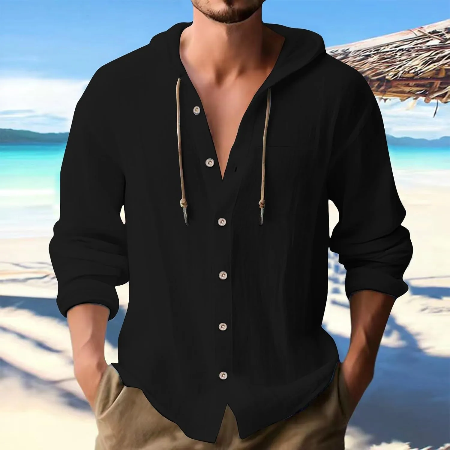 Linen Shirts for Men Long Sleeve Button Down Casual Hawaiian Shirt with Hood Lightweight Spring Summer Beach Hoodie