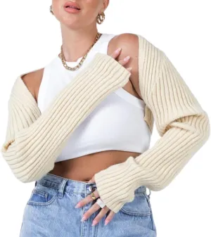 LOFAAC Women Y2K Open Front Rib Knit Shrug Crop Cardigan Solid Drop Shoulder Puff Long Sleeve Crop Bolero Sweater Tops