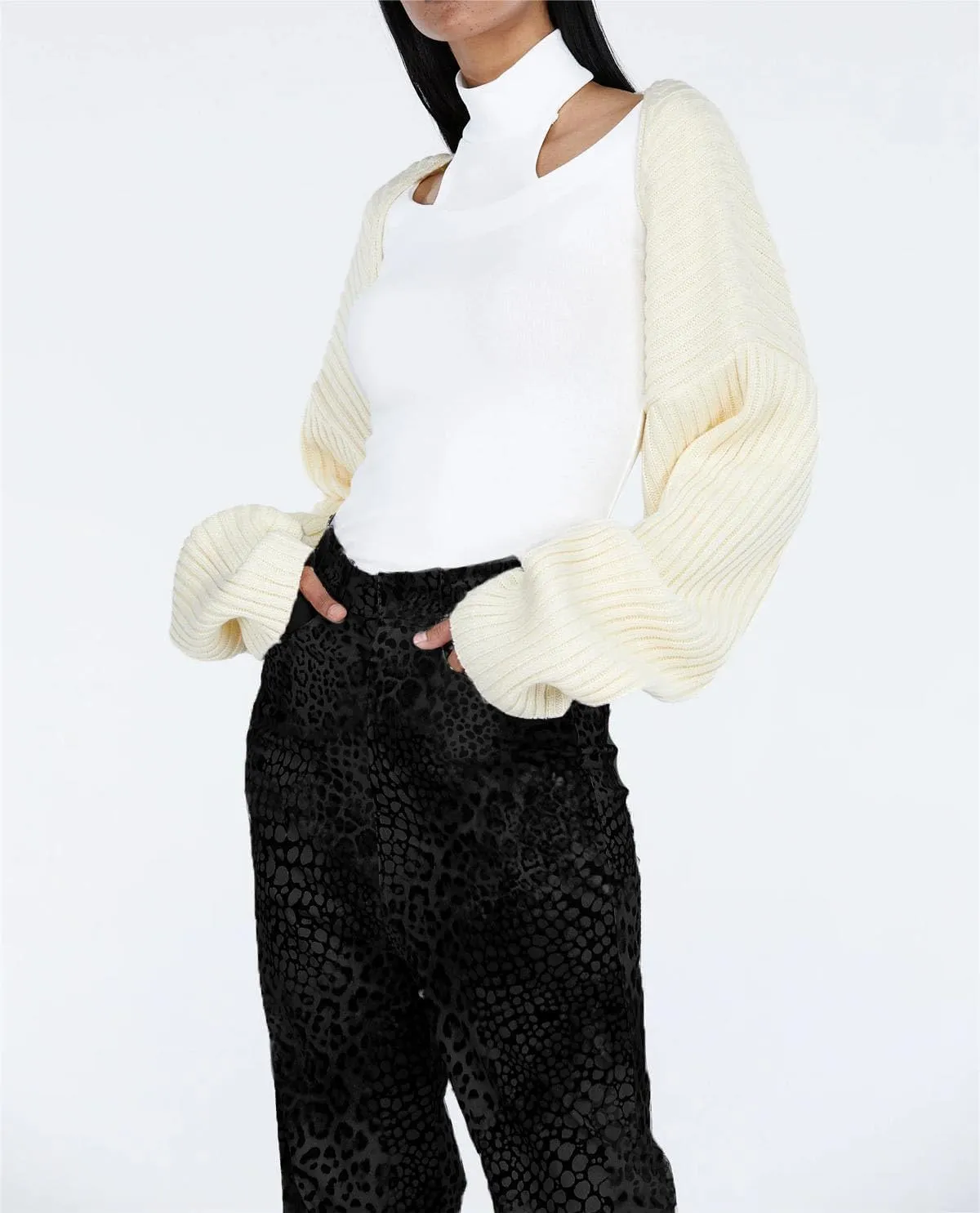 LOFAAC Women Y2K Open Front Rib Knit Shrug Crop Cardigan Solid Drop Shoulder Puff Long Sleeve Crop Bolero Sweater Tops