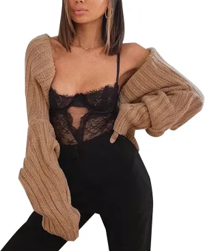 LOFAAC Women Y2K Open Front Rib Knit Shrug Crop Cardigan Solid Drop Shoulder Puff Long Sleeve Crop Bolero Sweater Tops