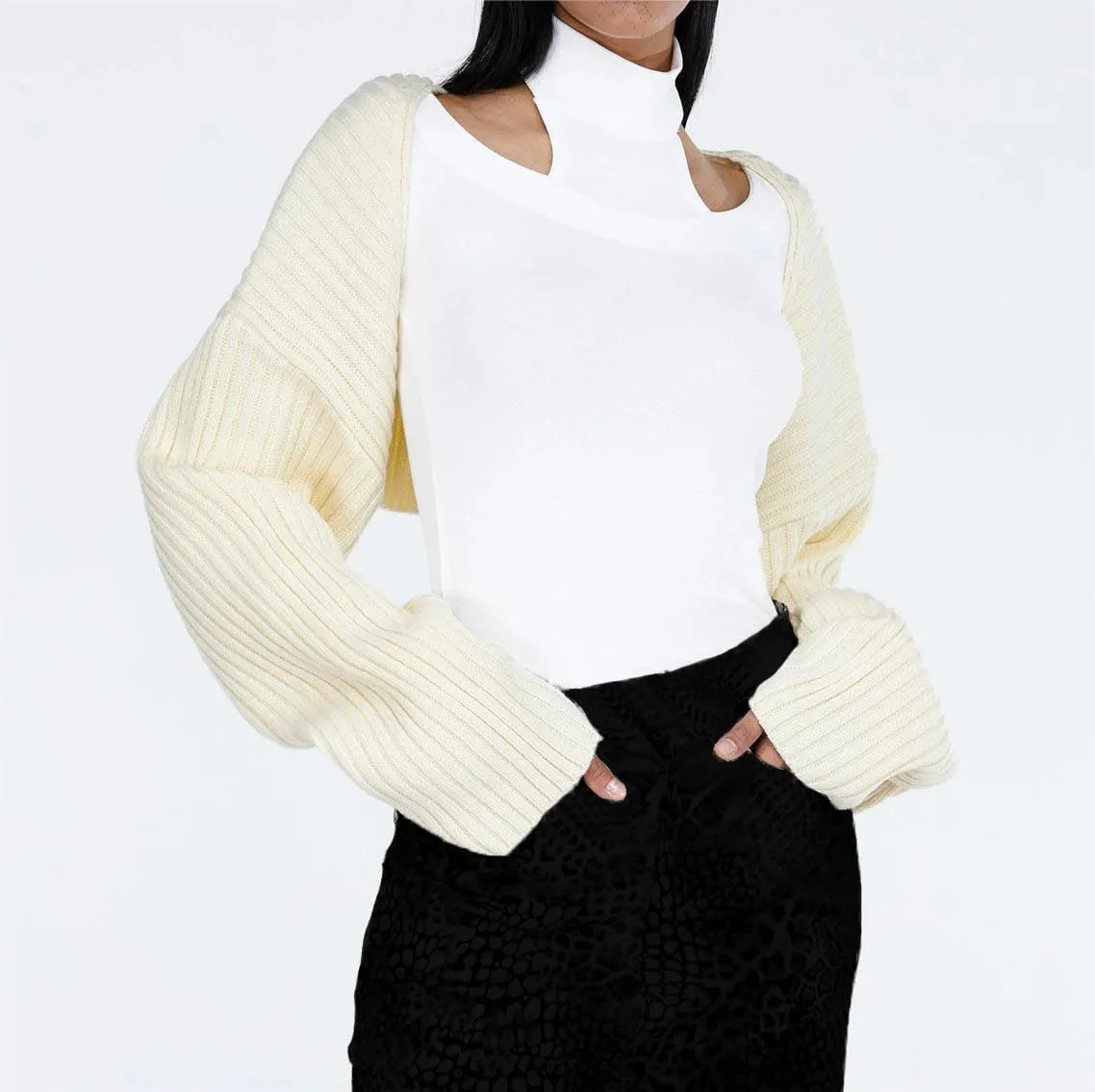 LOFAAC Women Y2K Open Front Rib Knit Shrug Crop Cardigan Solid Drop Shoulder Puff Long Sleeve Crop Bolero Sweater Tops