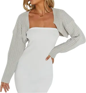 LOFAAC Women Y2K Open Front Rib Knit Shrug Crop Cardigan Solid Drop Shoulder Puff Long Sleeve Crop Bolero Sweater Tops