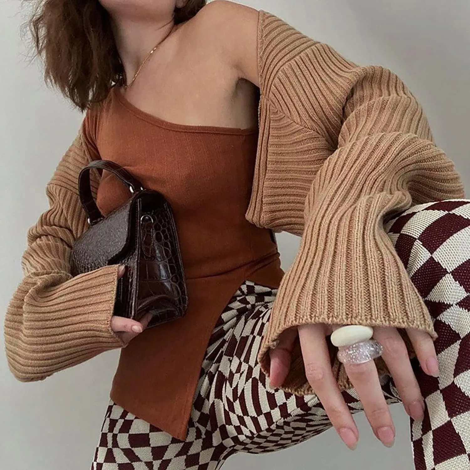 LOFAAC Women Y2K Open Front Rib Knit Shrug Crop Cardigan Solid Drop Shoulder Puff Long Sleeve Crop Bolero Sweater Tops