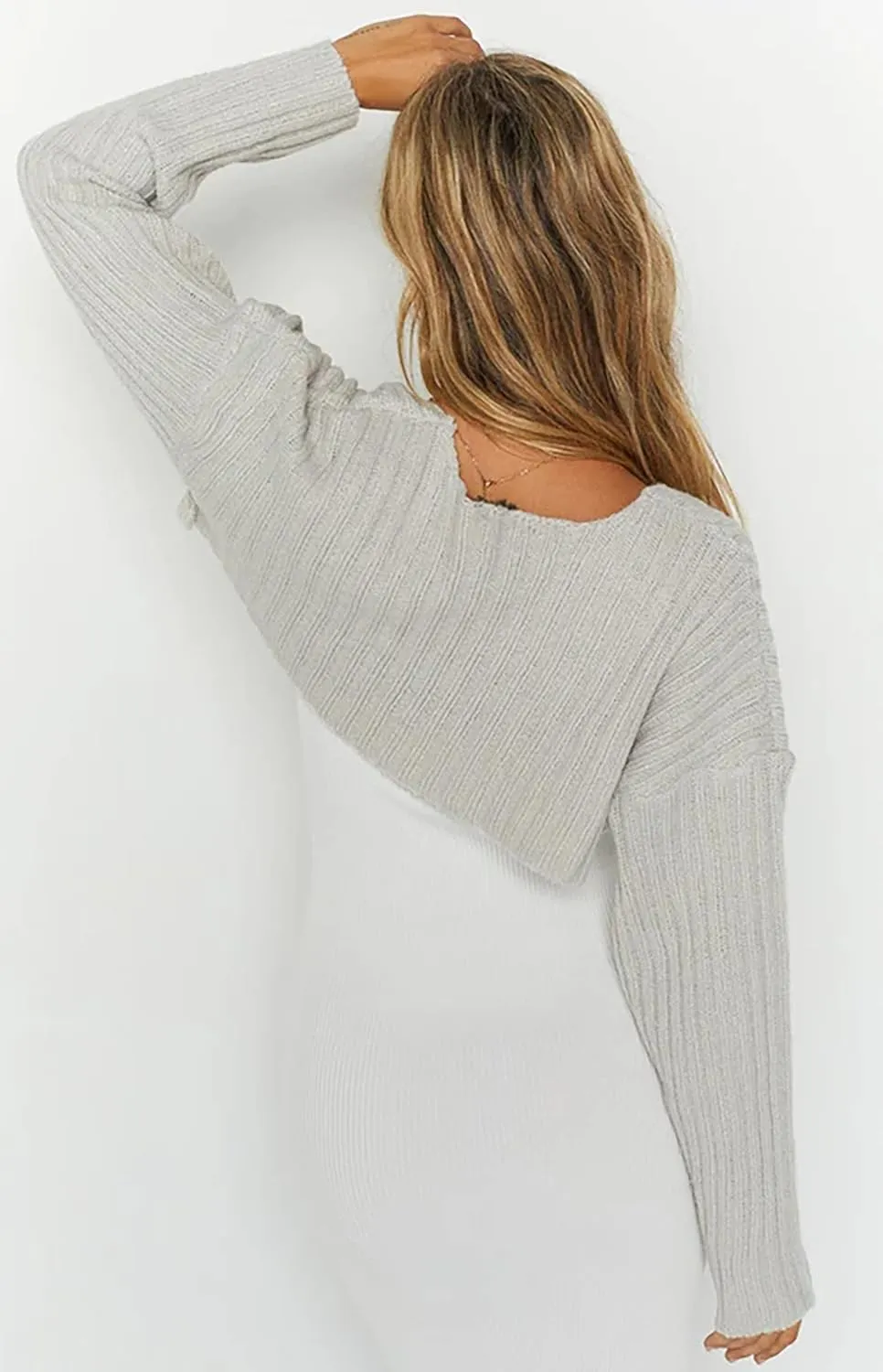 LOFAAC Women Y2K Open Front Rib Knit Shrug Crop Cardigan Solid Drop Shoulder Puff Long Sleeve Crop Bolero Sweater Tops