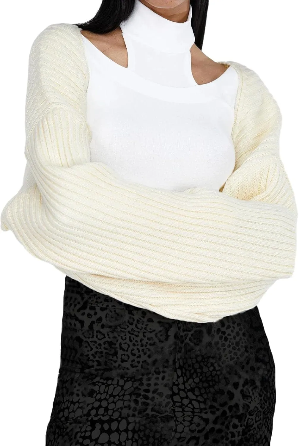 LOFAAC Women Y2K Open Front Rib Knit Shrug Crop Cardigan Solid Drop Shoulder Puff Long Sleeve Crop Bolero Sweater Tops