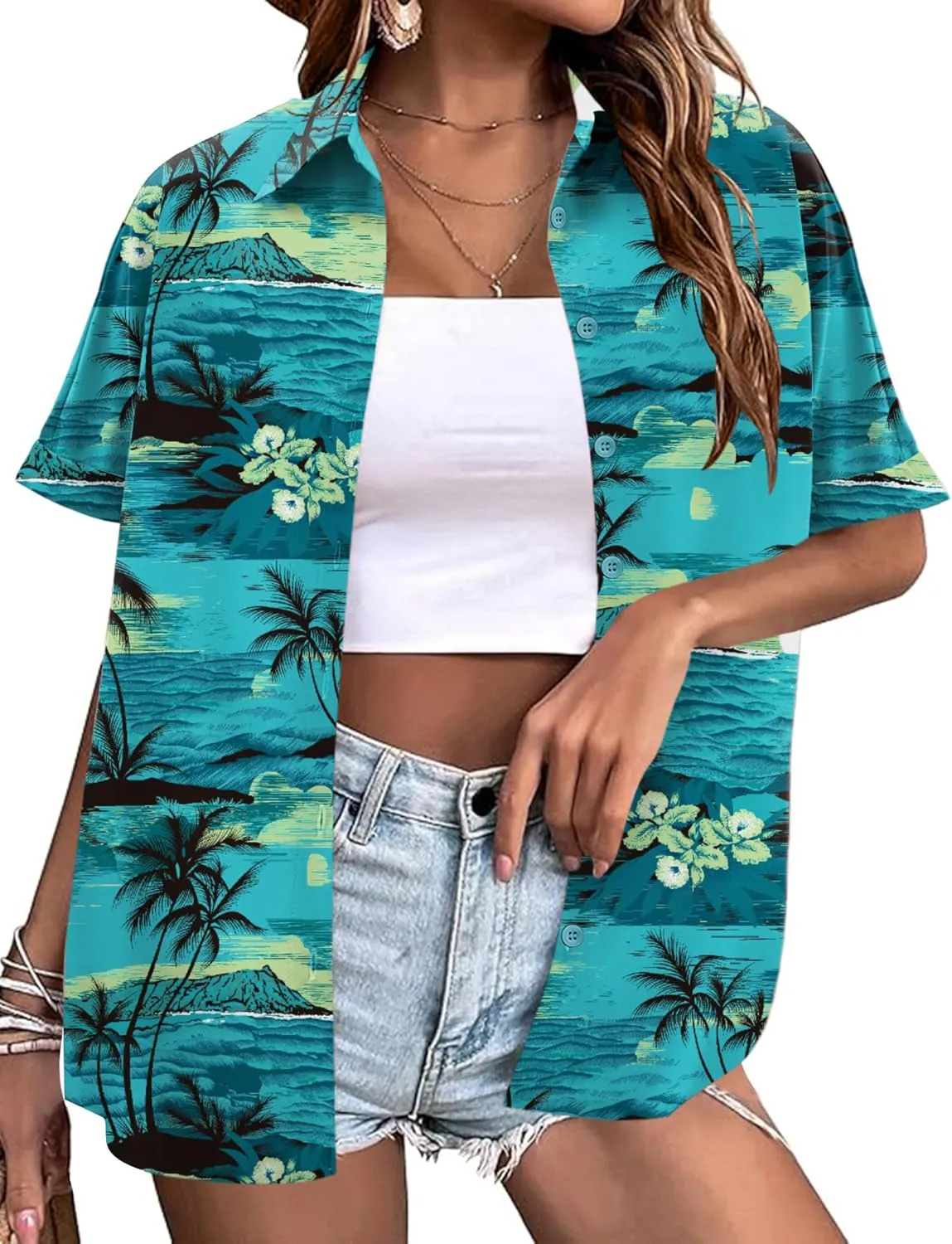 LOMON Women's Summer Hawaiian Shirts Floral Short Sleeve Button Down Shirts Hawaii Tropical Beach Tops Outfits