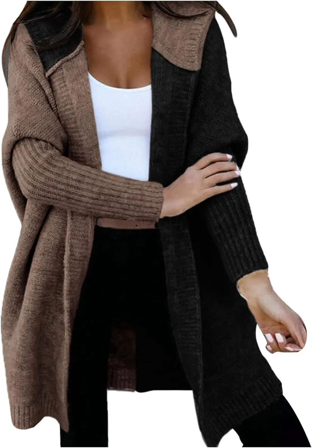 Long Cardigan Sweaters for Women Winter Coats Color Block Knit Sweater Fall Jackets with Hood Long Trench Coat