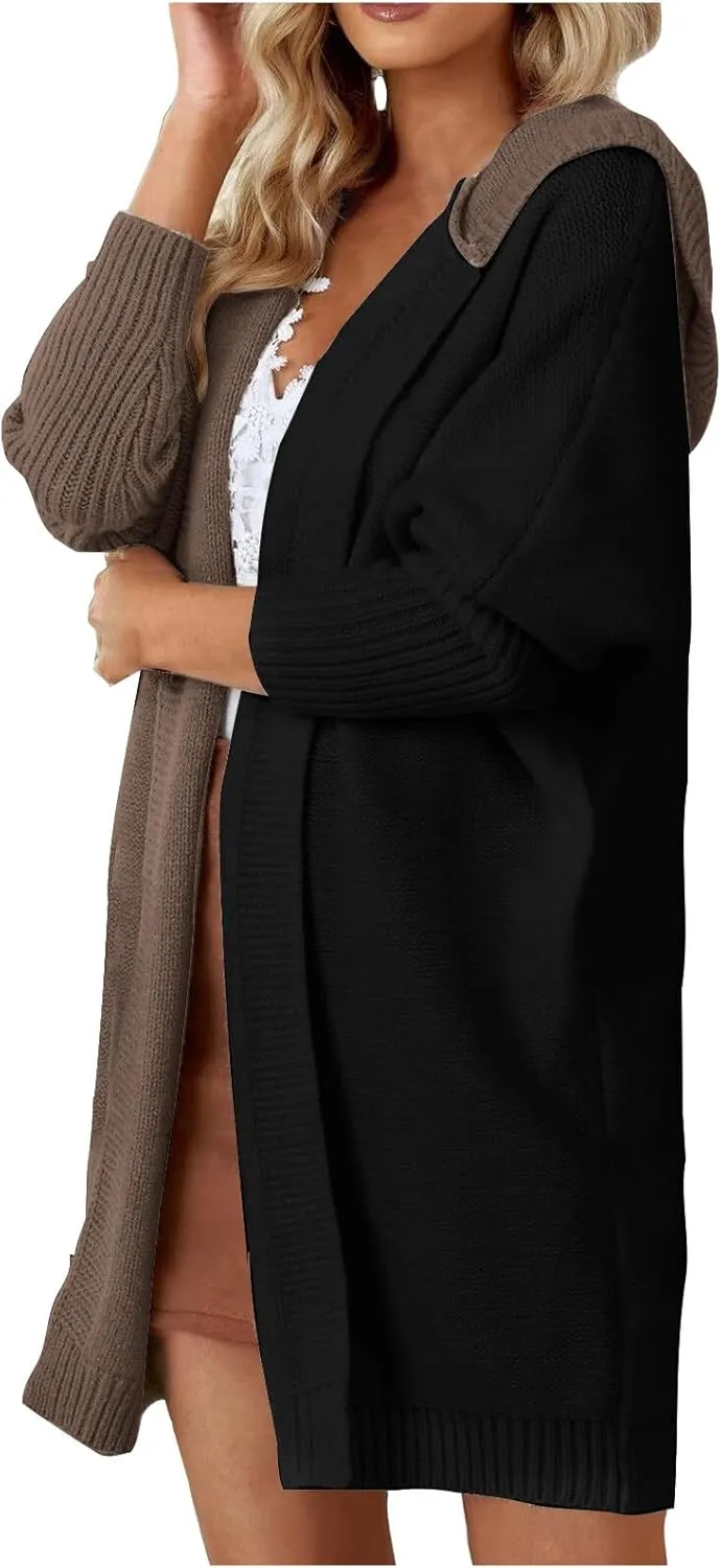 Long Cardigan Sweaters for Women Winter Coats Color Block Knit Sweater Fall Jackets with Hood Long Trench Coat