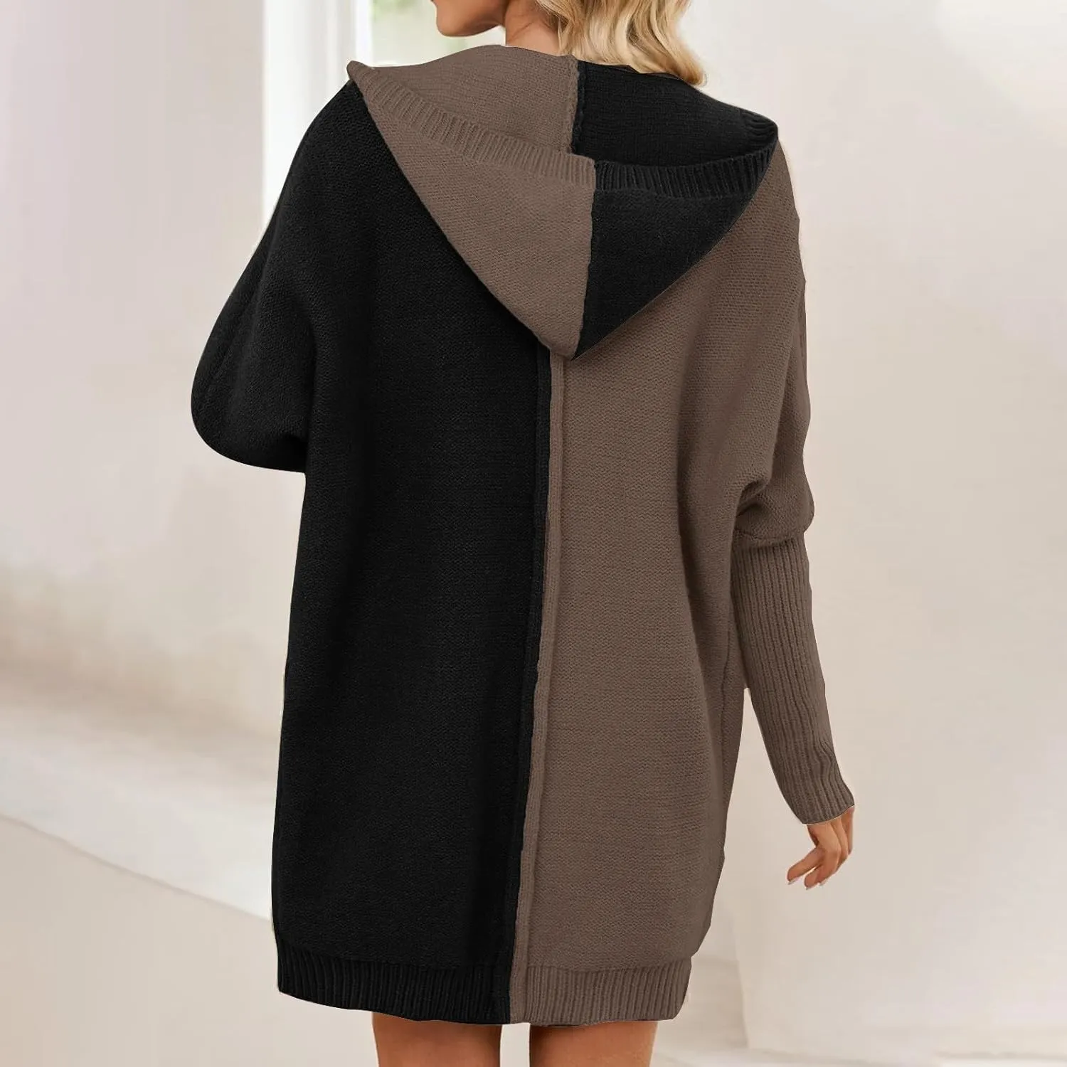 Long Cardigan Sweaters for Women Winter Coats Color Block Knit Sweater Fall Jackets with Hood Long Trench Coat