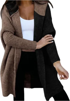 Long Cardigan Sweaters for Women Winter Coats Color Block Knit Sweater Fall Jackets with Hood Long Trench Coat