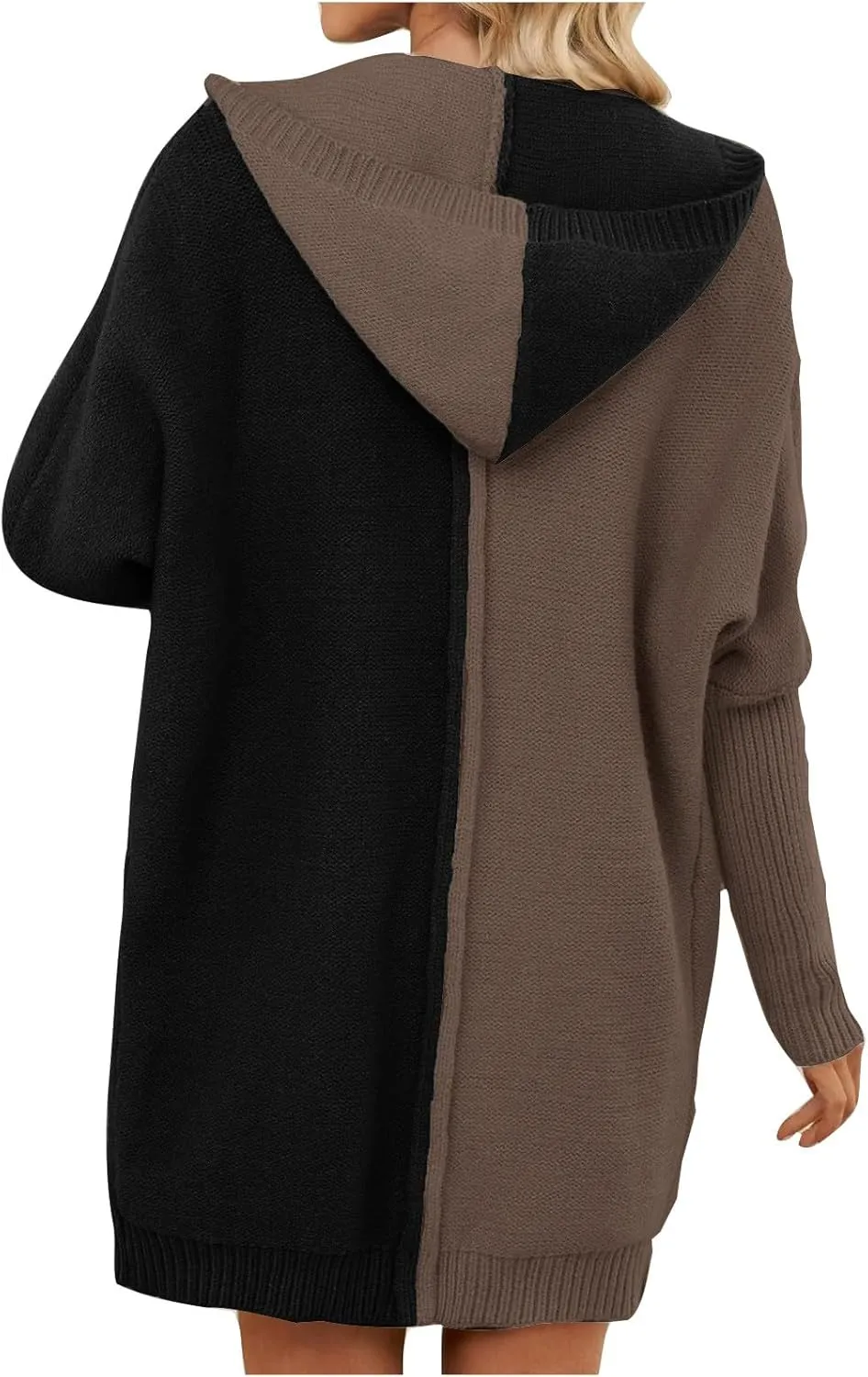 Long Cardigan Sweaters for Women Winter Coats Color Block Knit Sweater Fall Jackets with Hood Long Trench Coat