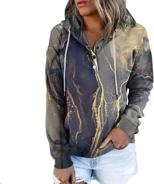 LRMQS Womens Fall Fashion 2024 Button Drawstring Long Sleeve Hoodies Pullover Color Block Casual Trendy Loose Fit Clothes