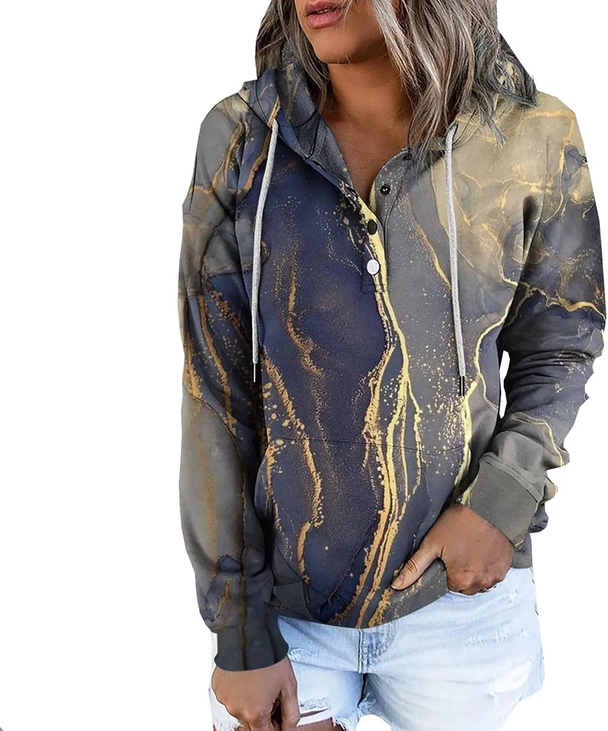 LRMQS Womens Fall Fashion 2024 Button Drawstring Long Sleeve Hoodies Pullover Color Block Casual Trendy Loose Fit Clothes