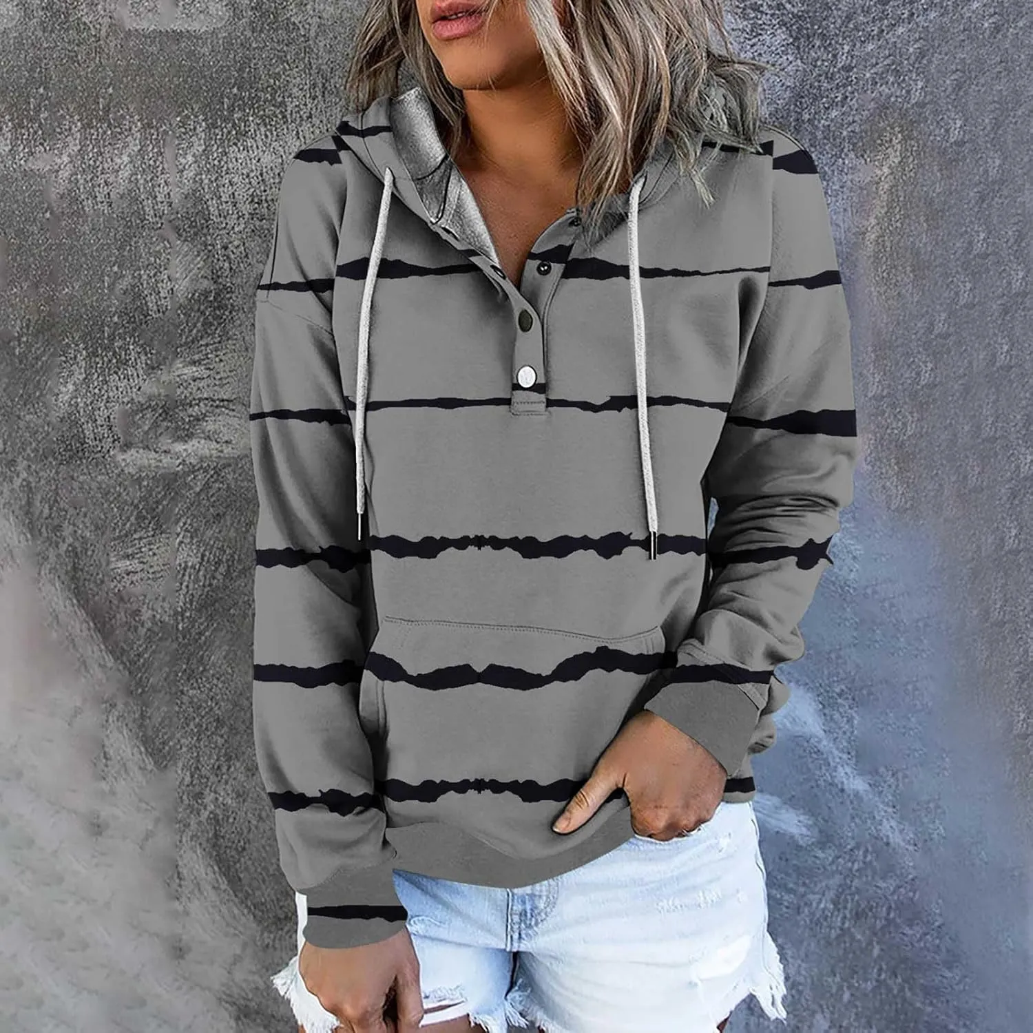 LRMQS Womens Hoodies Pullover Trendy Button Drawstring Hooded Striped Sweatshirt Loose Fit Fall Fashion 2024 Casual Pullover