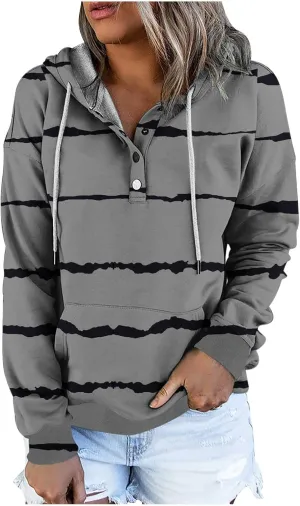 LRMQS Womens Hoodies Pullover Trendy Button Drawstring Hooded Striped Sweatshirt Loose Fit Fall Fashion 2024 Casual Pullover