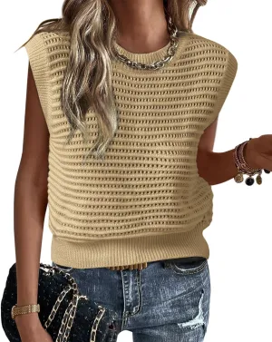 Lueluoye Women's Summer Knit Sweater Vest Cap Sleeve Casual Trendy Crew Neck Ribbed Pullover Tank Tops