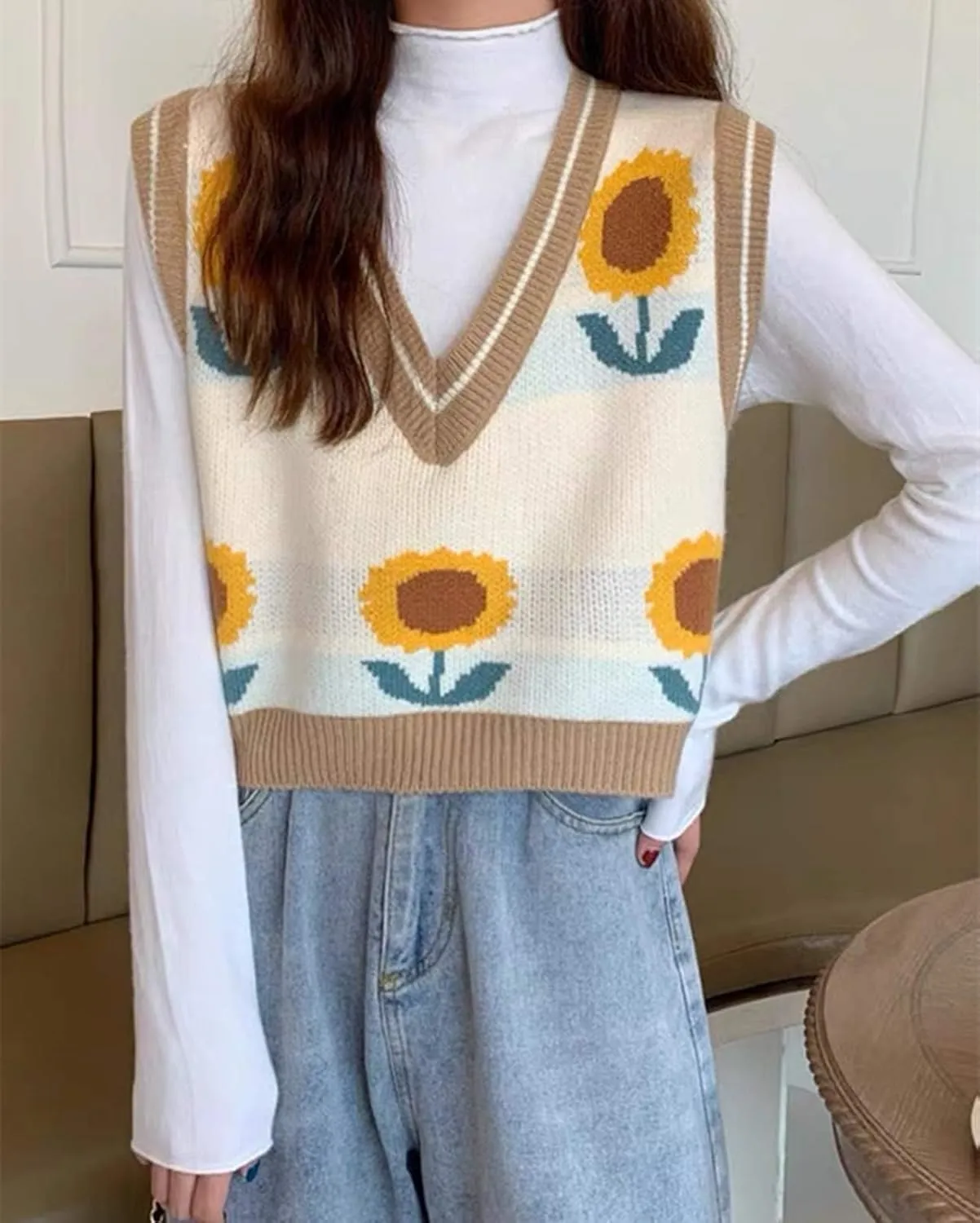 Lunoakvo Women Pink Peach Flower Embroidery Knitted Sleeveless O-Neck Knitwear Sweater Vest