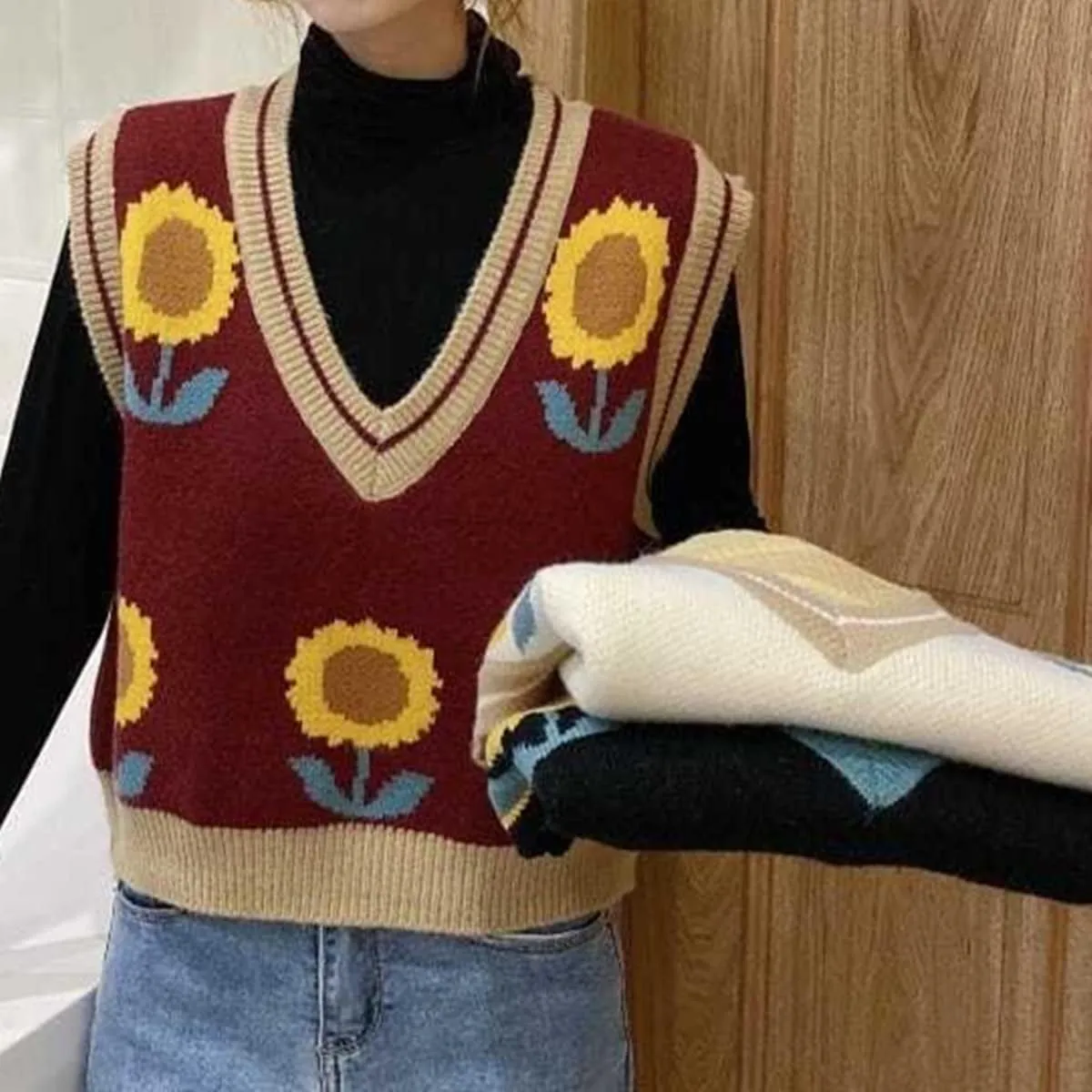 Lunoakvo Women Pink Peach Flower Embroidery Knitted Sleeveless O-Neck Knitwear Sweater Vest