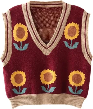 Lunoakvo Women Pink Peach Flower Embroidery Knitted Sleeveless O-Neck Knitwear Sweater Vest