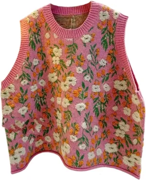 Lunoakvo Women Pink Peach Flower Embroidery Knitted Sleeveless O-Neck Knitwear Sweater Vest
