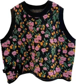 Lunoakvo Women Pink Peach Flower Embroidery Knitted Sleeveless O-Neck Knitwear Sweater Vest