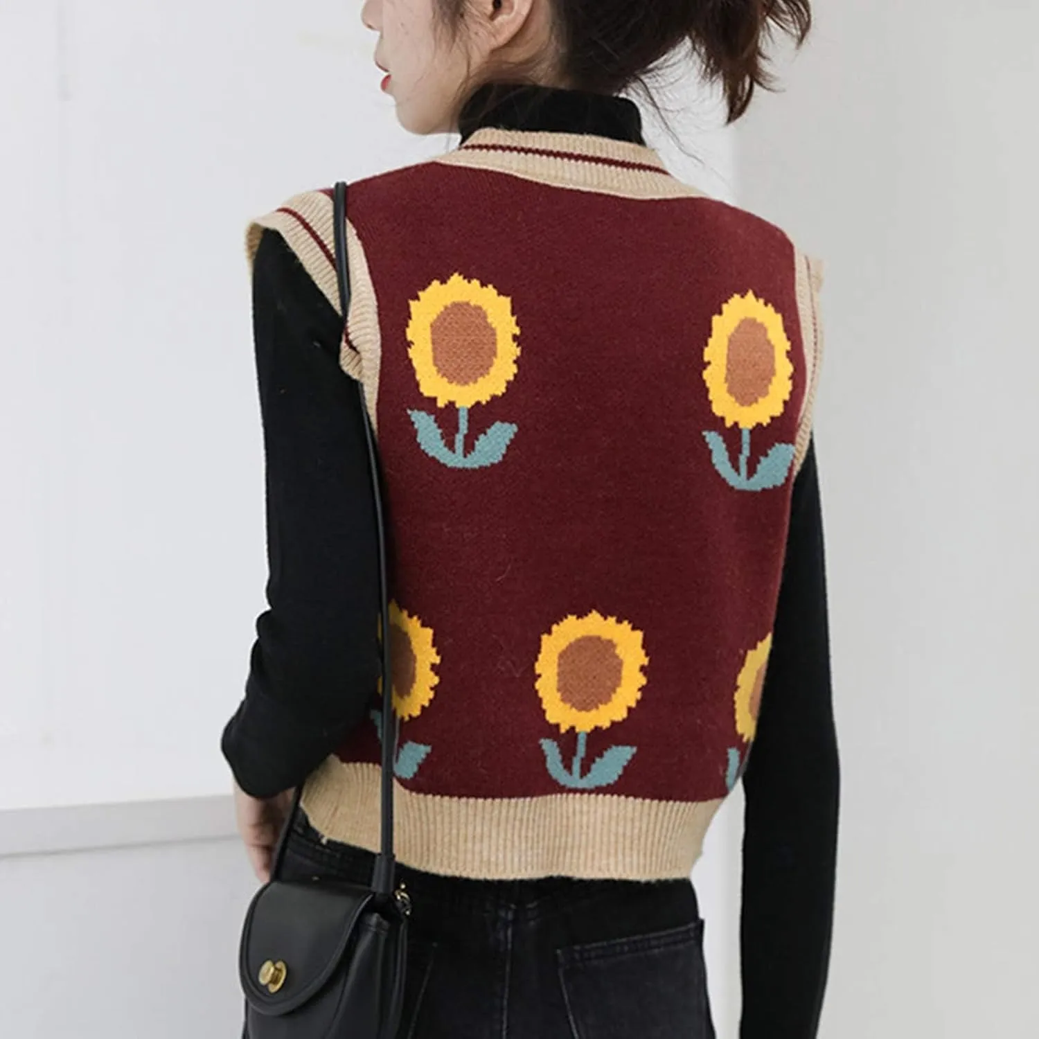 Lunoakvo Women Pink Peach Flower Embroidery Knitted Sleeveless O-Neck Knitwear Sweater Vest