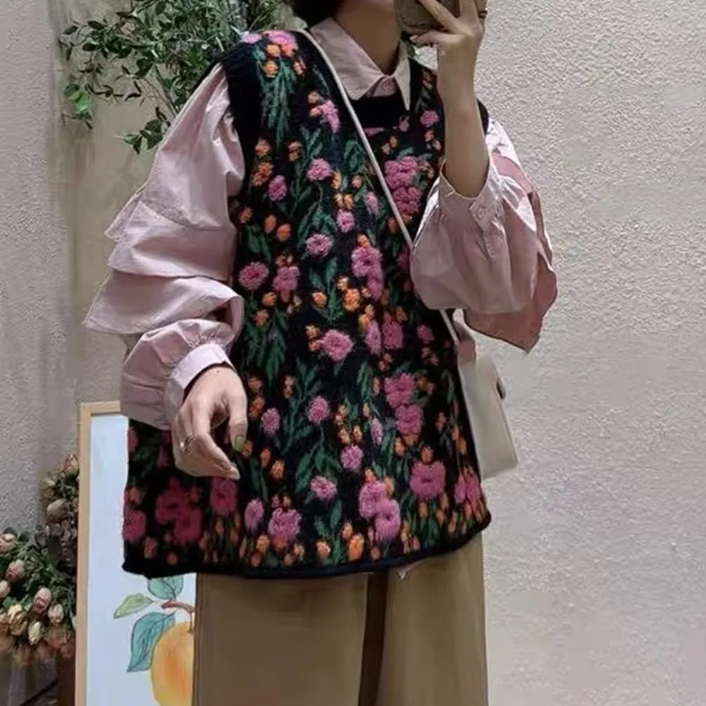 Lunoakvo Women Pink Peach Flower Embroidery Knitted Sleeveless O-Neck Knitwear Sweater Vest