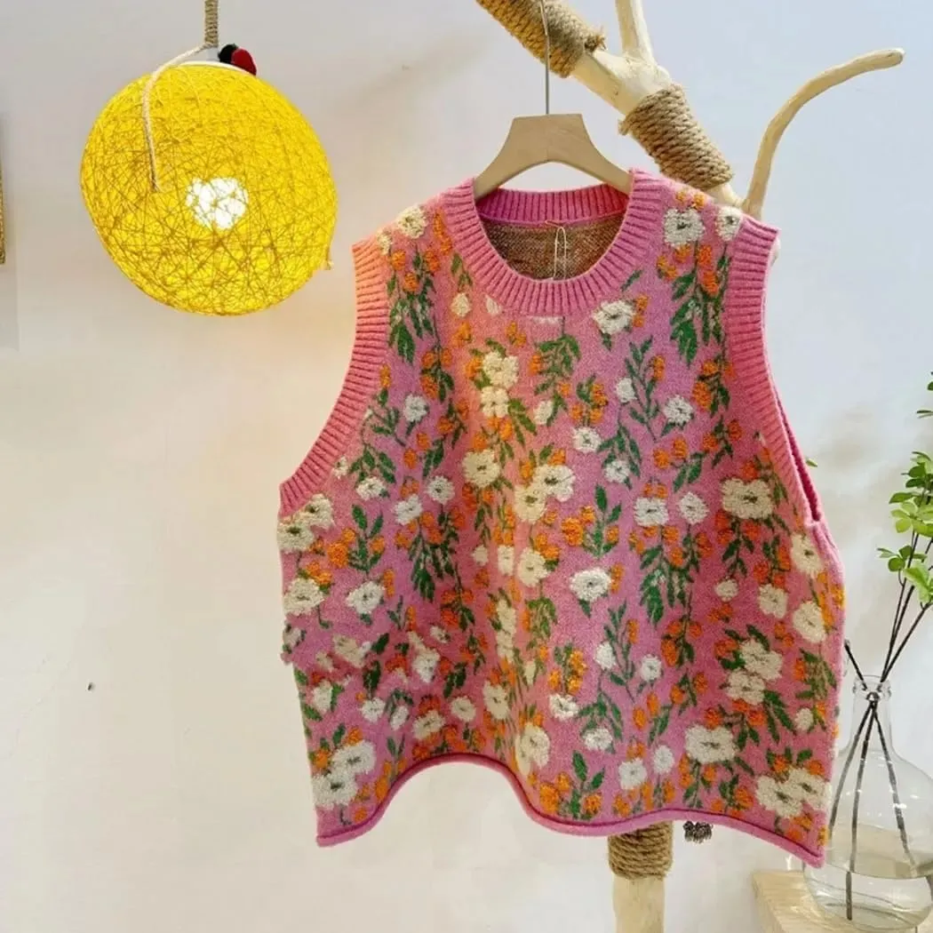 Lunoakvo Women Pink Peach Flower Embroidery Knitted Sleeveless O-Neck Knitwear Sweater Vest