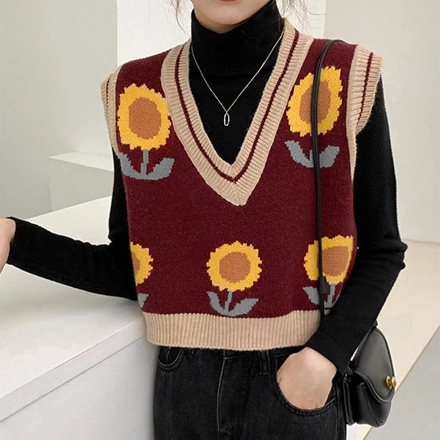 Lunoakvo Women Pink Peach Flower Embroidery Knitted Sleeveless O-Neck Knitwear Sweater Vest