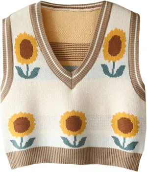 Lunoakvo Women Pink Peach Flower Embroidery Knitted Sleeveless O-Neck Knitwear Sweater Vest