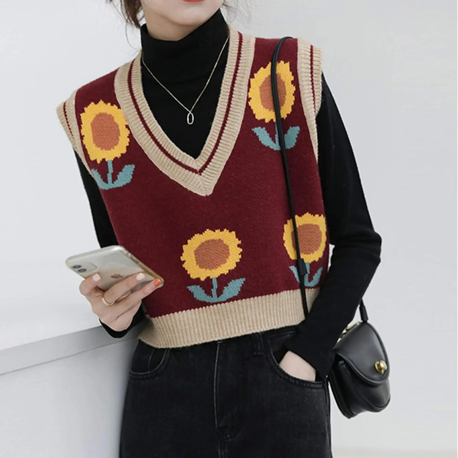 Lunoakvo Women Pink Peach Flower Embroidery Knitted Sleeveless O-Neck Knitwear Sweater Vest