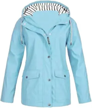 Lu's Chic Womens Hooded Rain Jacket Zip Up Trench Coat Fall Raincoat Snow Long Sleeve Anorak Zipper Pockets Drawstring