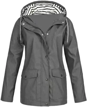 Lu's Chic Womens Hooded Rain Jacket Zip Up Trench Coat Fall Raincoat Snow Long Sleeve Anorak Zipper Pockets Drawstring
